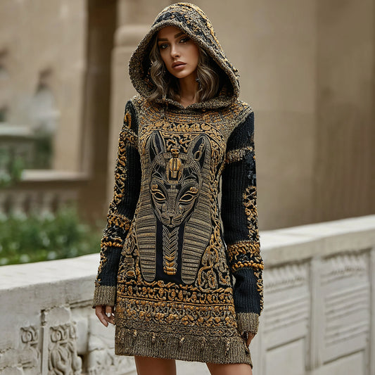 Comstylish Women's Vintage Ancient Egyptian Cat Art Cozy Hooded Mini Sweater Dress