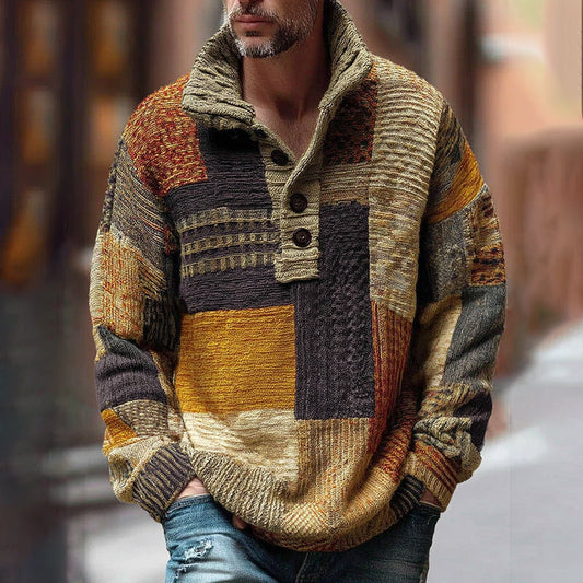 Men's Classic Sunset Style Patchwork Art Jacquard Thick Warm Button-down Turtleneck Sweater artswardrobe