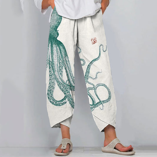 Comstylish Japanese Art Octopus Print Loose Casual Pants