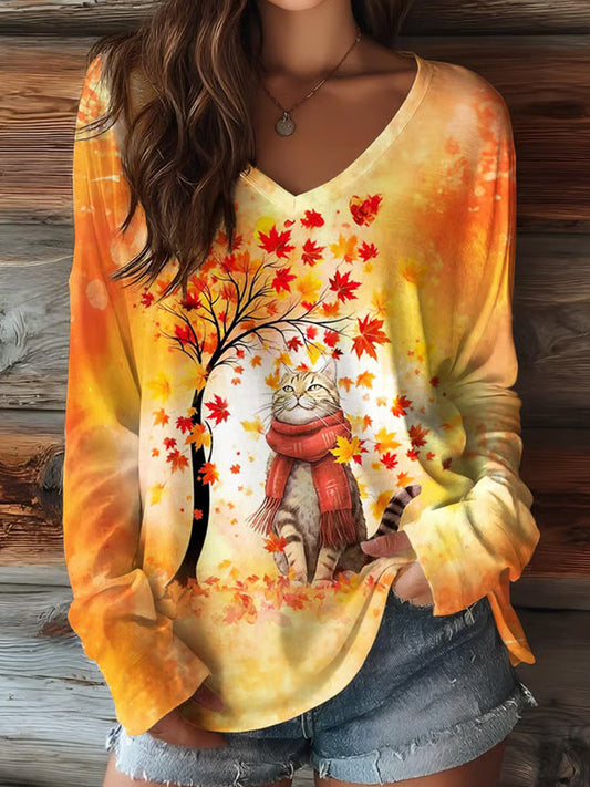 Women's Casual Autumn Leaves Cat Print Long Sleeve T-shirt artswardrobe