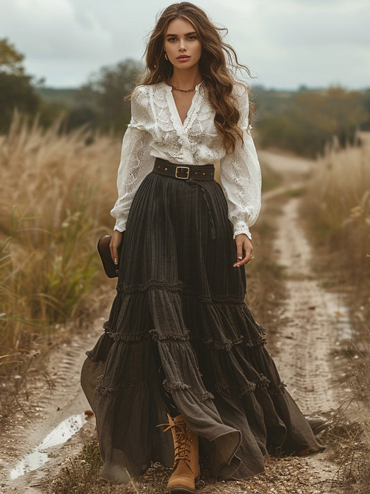 Retro V-neck Lace Linen Women's  Pastoral Style Linen Skirts artswardrobe