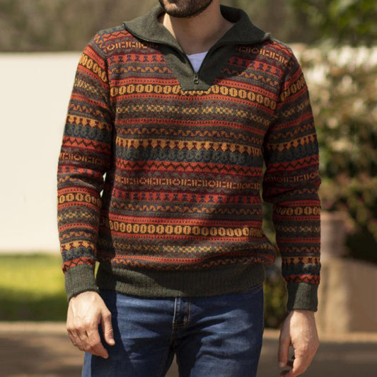 Men'S Vintage Ethnic Jacquard Knit Zipper Sweater artswardrobe