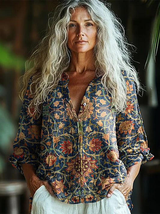 Comstylish Bohemian Style Holland Park Morris Floral Linen Print Long Sleeve Shirt