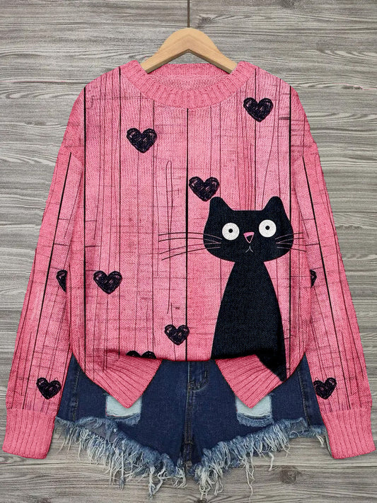 Lovely Cat Heart Pattern Cozy Knit Sweater elevenforest