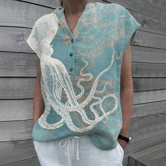 Comstylish Vintage Maps Octopus Art Painting V-Neck Half-Button Linen Shirt