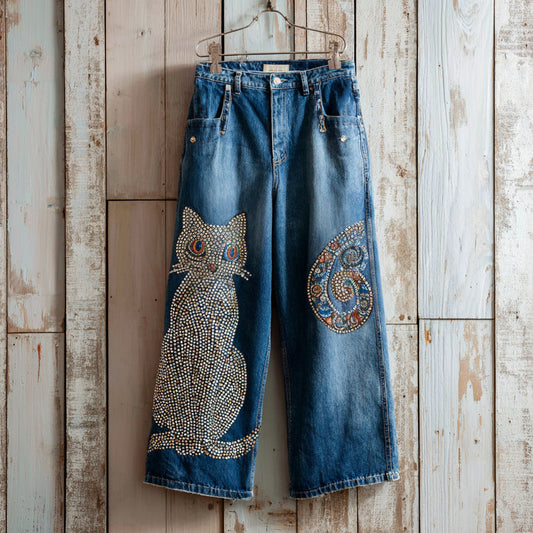 Comstylish Casual Cute Diamond Cat Vintage Jeans