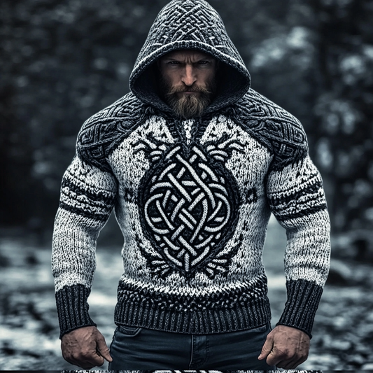 Men's Viking Raven  Chunky Knit Celtic Knotwork Patterns Cozy Knit Hooded Sweater elevenforest