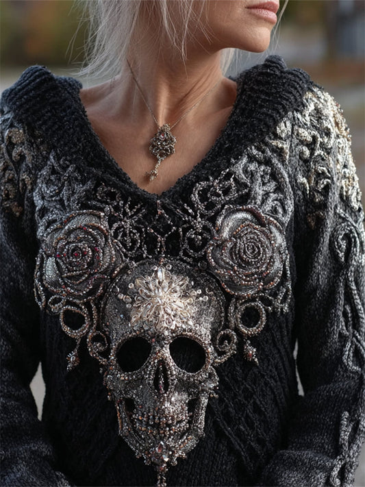 Elegant Skull & Roses Beaded Hooded Cozy Knit Sweater elevenforest