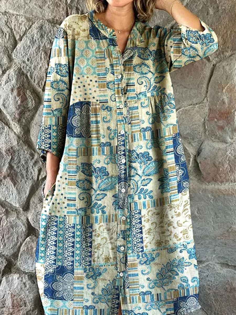 Women's Shirt Style Vintage Patchwork Floral Print CottonAnd Linen Dre