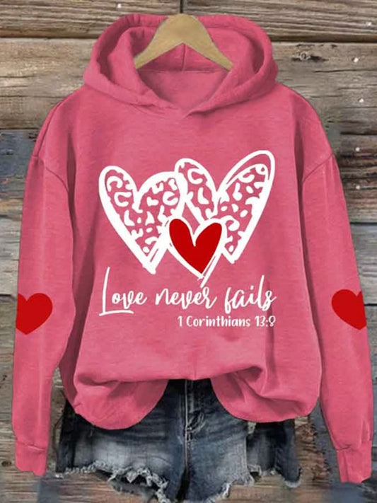 Comstylish Women's Love Never Fails Heart Printed Hoodie