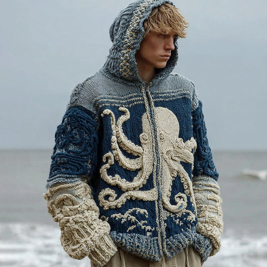 Men's Japanese Octopus Art Cozy Knit Zip Up Hooded Sweater elevenforest