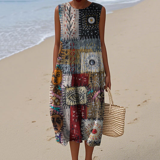 Vintage Loose Vintage Elegant Floral Patchwork Art Linen Tank Dress artswardrobe