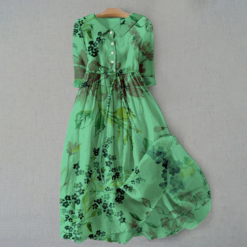 Comstylish Elegant Japanese Art Floral Print Lace-up Casual Midi Dress