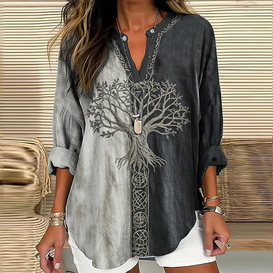Comstylish Women's Viking Life Of Tree Art Linen Print Casual Shirt