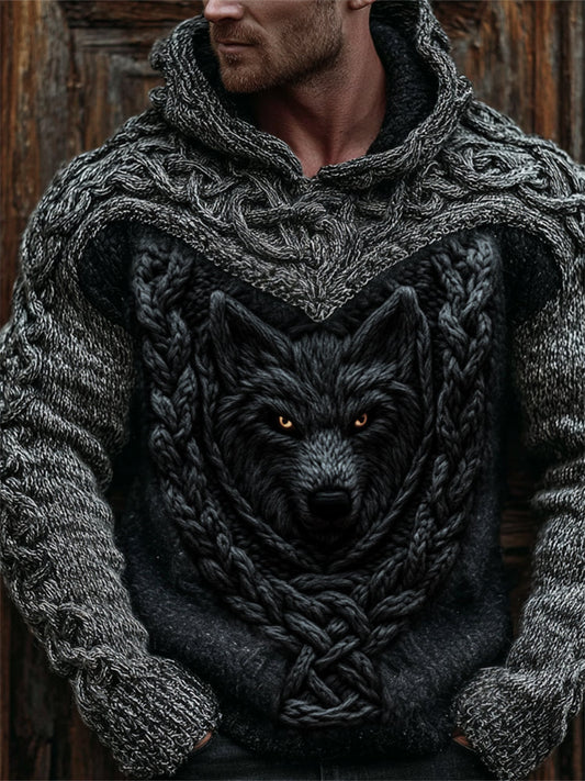 Men's Viking Wolf Celtic Crochet Hooded Cozy Chunky Sweater elevenforest