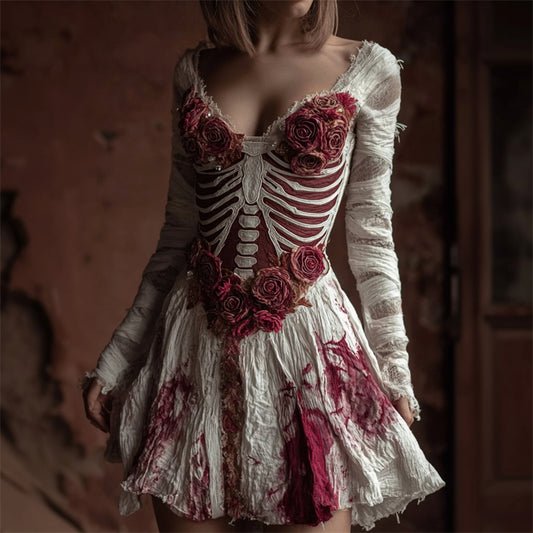 Comstylish Halloween Bloody Red Roses Skeleton Flowy Linen Mini Dress