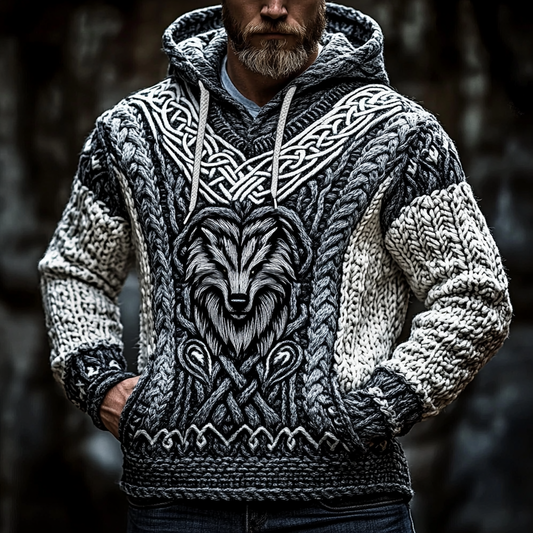 Men's Viking Wolf Inspired Celtic Chunky Hooded Sweater elevenforest