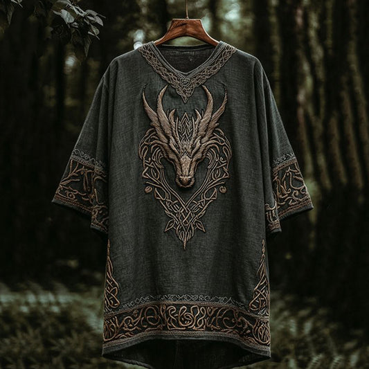 Men's Viking Dragon Head Embroidery Casual T Shirt artswardrobe