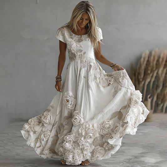 Women's Vintage White Rose Embroidery Art Round Neck Short Sleeve Maxi Dress artswardrobe