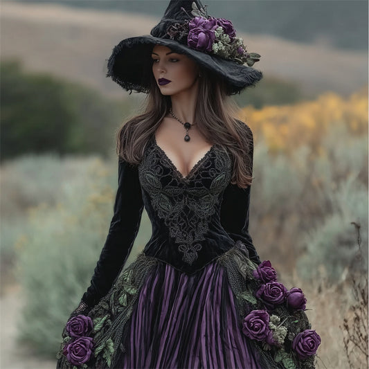 Comstylish Halloween Vintage Roses Fiber Art Witch Velvet Maxi Dress