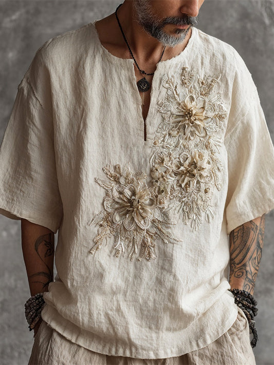 Boho3d Floral Art Men's Linen V-neck Shirt artswardrobe