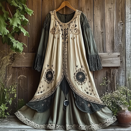 Women's Retro Tribal Star And Moon Splicing Cotton And Linen Long Dress artswardrobe