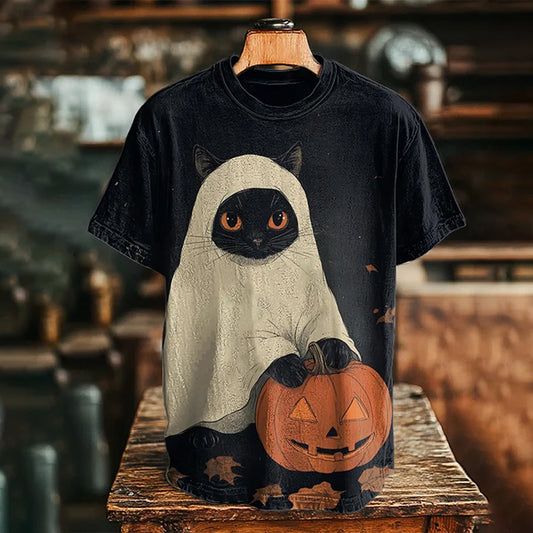 Vintage Halloween Black Cat Ghost Printed Casual Loose T-shirt