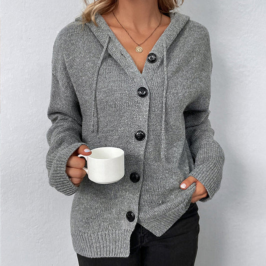 Solid Color Single Breasted Hooded Drawstring Sweater Cardigan elevenforest