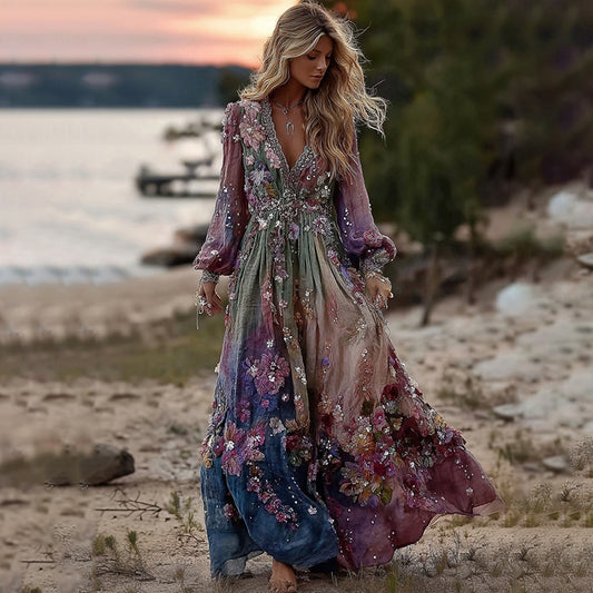 Tie-dye Boho Rose Embroidered Sequined Maxi Dress artswardrobe