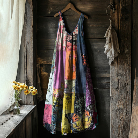 Comstylish Women's Vintage Bohemian Patch Floral Vest Dress