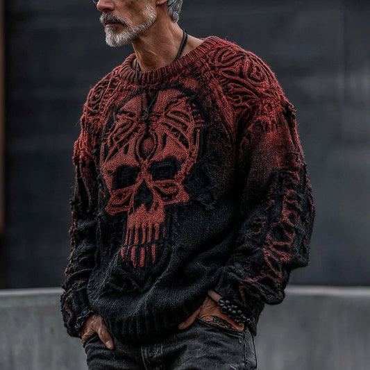 Men's Halloween Skull Gradient Cozy Knit Pullover Sweater artswardrobe