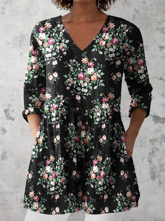 Women's Retro Floral Art Print Casual Cotton And Linen V-neck Top