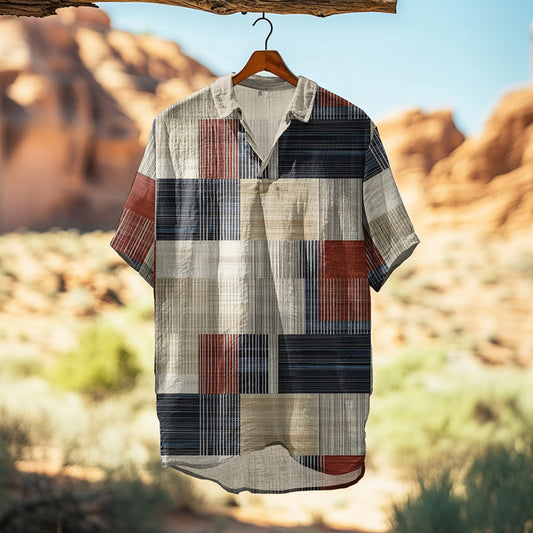 Men's Retro Color Block Patchwork Short-sleeved Linen Shirt artswardrobe
