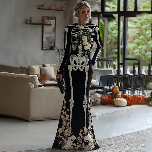 Comstylish Women's Vintage Mariachi Day Of The Dead Skeleton Bones Art Velvet Maxi Dress