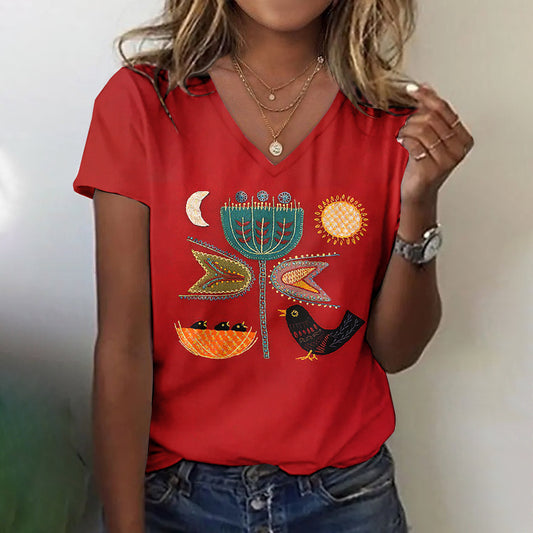 Women's Vintage Floral Bird Art Embroidery V-neck T-shirt artswardrobe