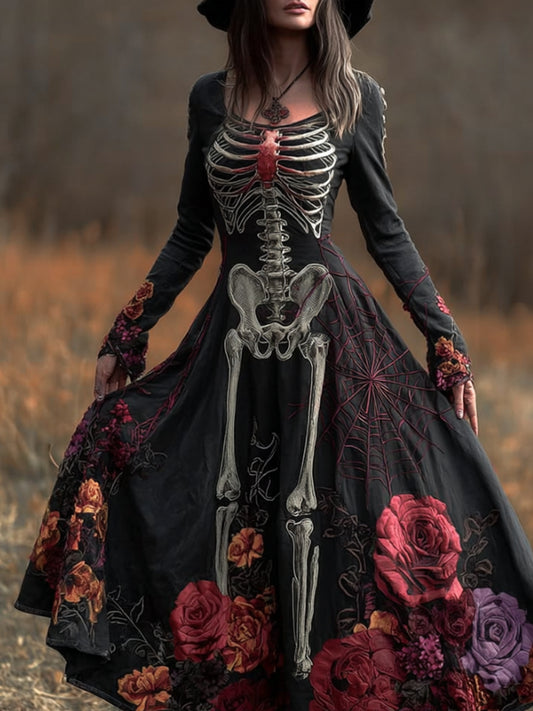 Comstylish Halloween Anatomy Art Red Flower Long Sleeve Long Dress