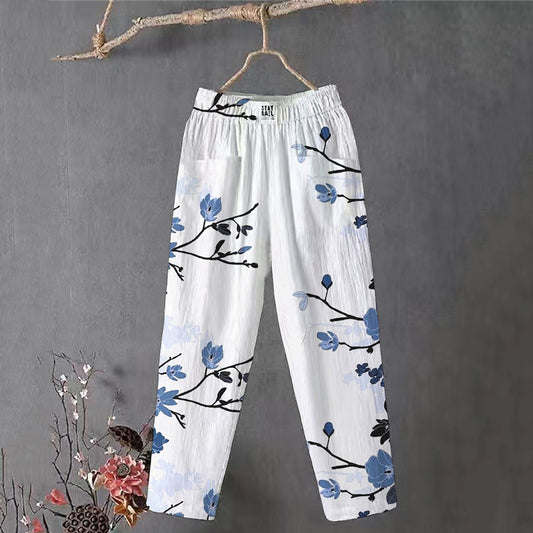 Comstylish Japanese Flower Art Print Linen Blend Casual Pocket Pants