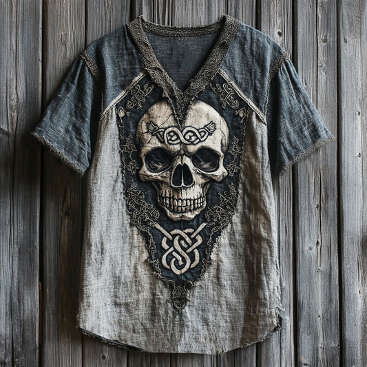 Men's Viking Celtic Skull Applique Embroidery Art Linen T-shirt artswardrobe