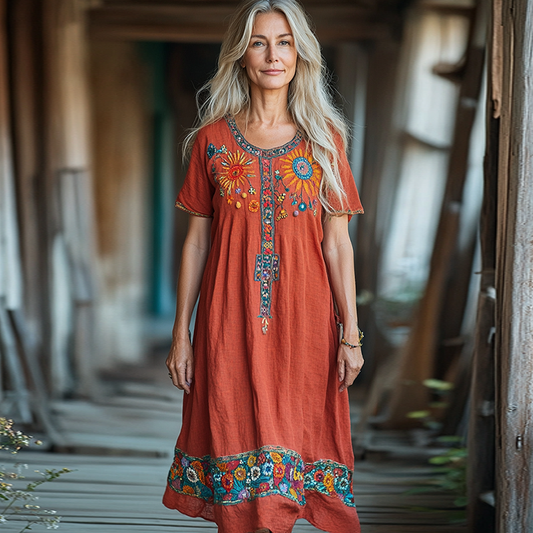 Vintage Bohemian Floral Embroidery Short Sleeve Loose Midi Dress artswardrobe