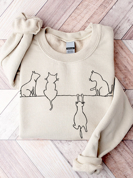 Cat Art Print Casual Cotton Sweatshirt elevenforest