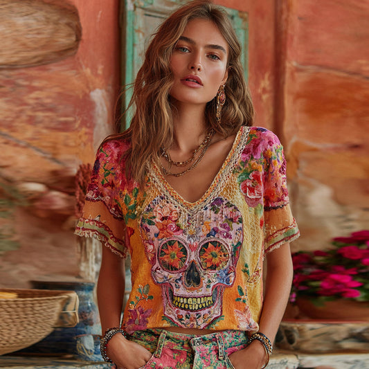 Comstylish Women's Classic Mexican Sugar Skeleton Catrina Day Of The Dead Inspired Painting Embroidered Casual Linen V Neck T-shirt