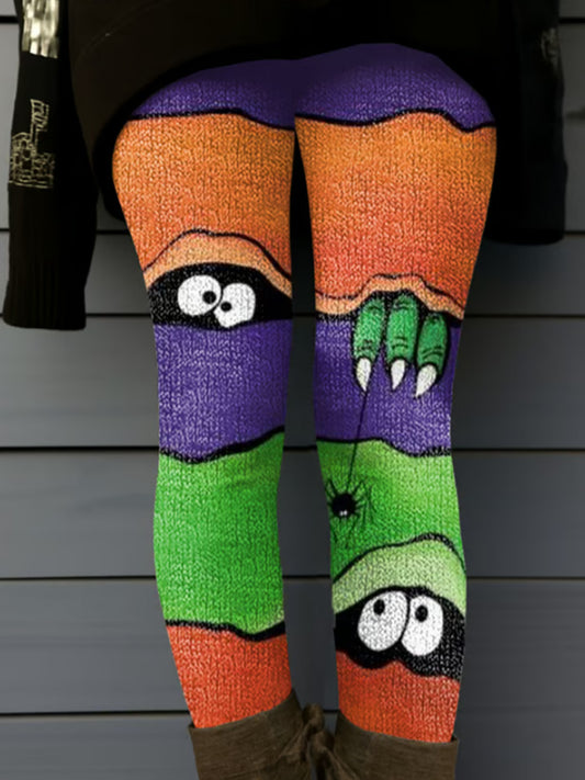Women's Retro Halloween Peekaboo Monster Print Leggings artswardrobe