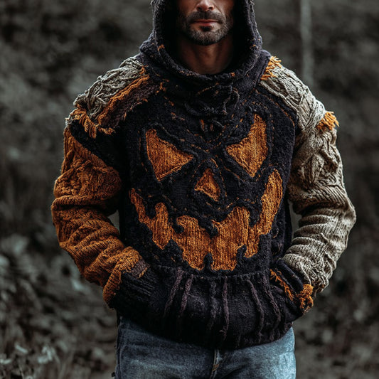 Men's Halloween Patchwork Pumpkin Smiling Face Embroidery Antique Hooded Sweater artswardrobe