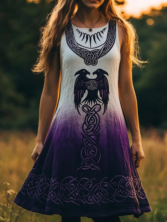 Mystical Viking Raven Embroidered Linen Tank Dress artswardrobe