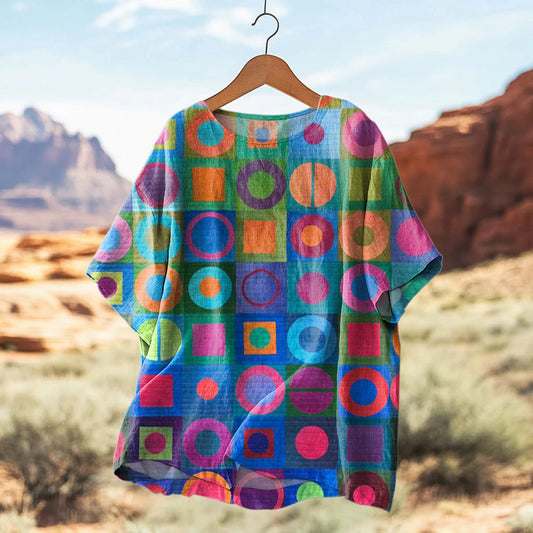 Women's Vintage Abstract Art Print Casual Linen  Shirt artswardrobe