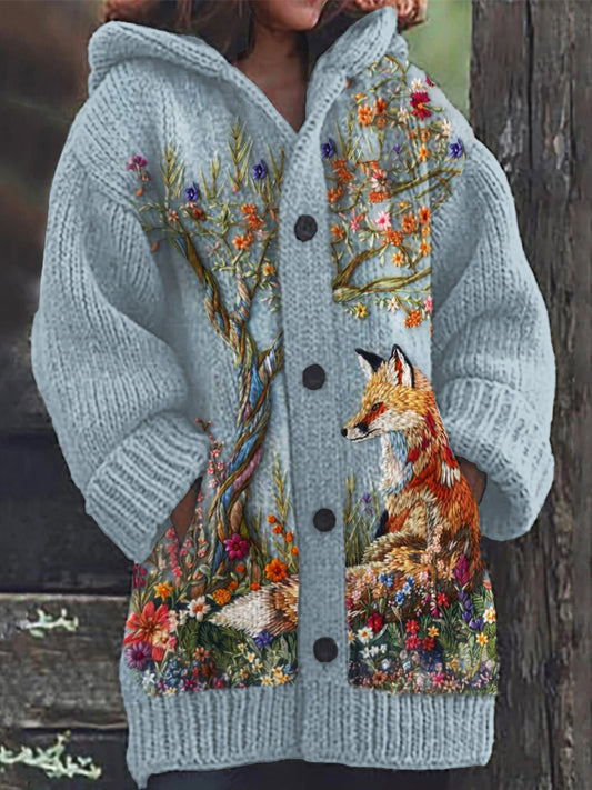 Fox & Floral Tree Embroidered Cozy Knit Hooded Cardigan artswardrobe