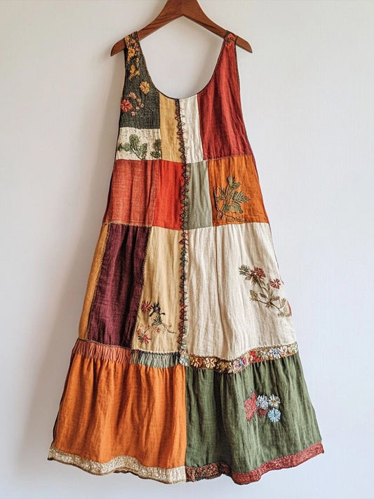 Vintage Floral Embroidered Patchwork Linen Blend Dress artswardrobe