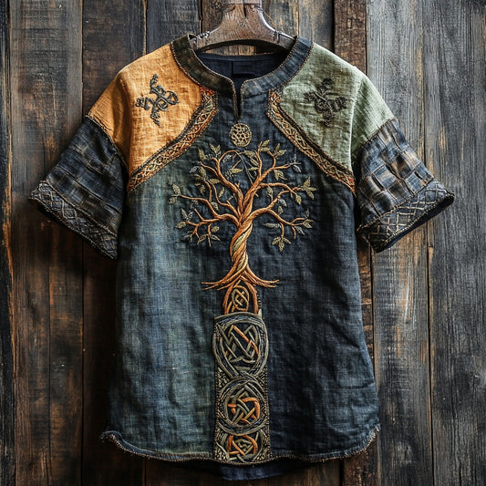 Men's Viking Tree Of Life Embroidery Patchwork Print Shirt artswardrobe