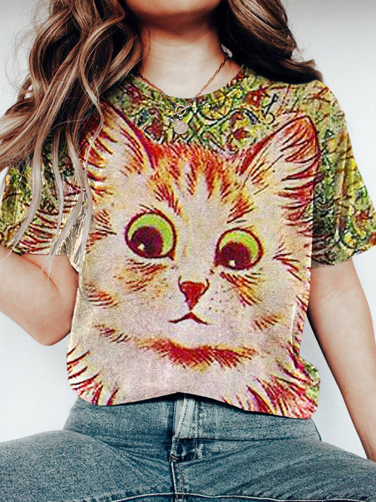 Vintage Painted Cat Printed Women's Washed T-shirt artswardrobe