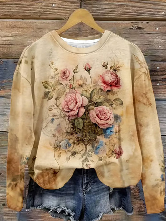 Comstylish Women's Autumn Retro Flowers Print Sweatshirt